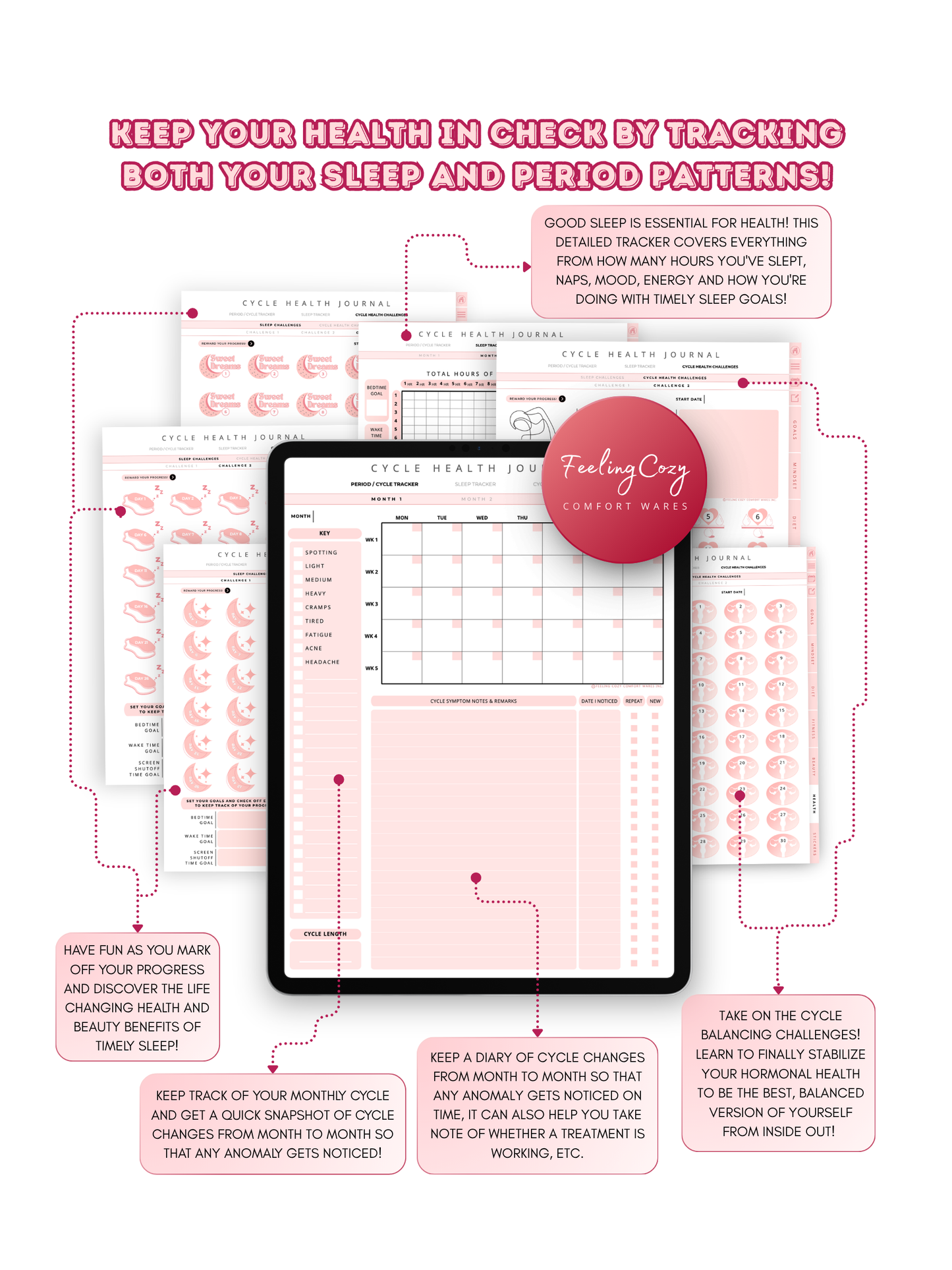 Glow-Up Planner cycle health journal — period tracker, sleep tracker, and hormonal health challenges for iPad, compatible with Goodnotes and Notability by Feeling Cozy