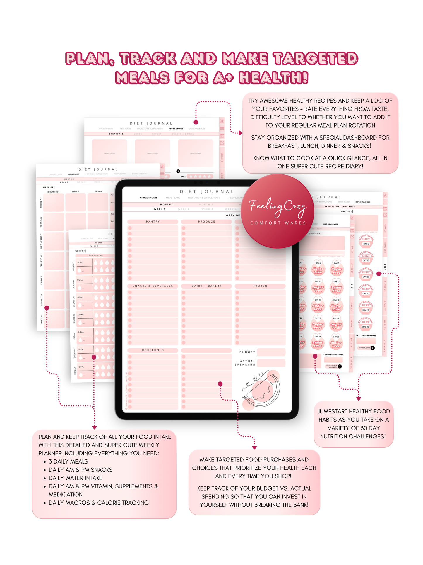 Glow-Up Planner diet journal — weekly meal planner, grocery lists, hydration tracker, and recipe diary for iPad and Goodnotes by Feeling Cozy