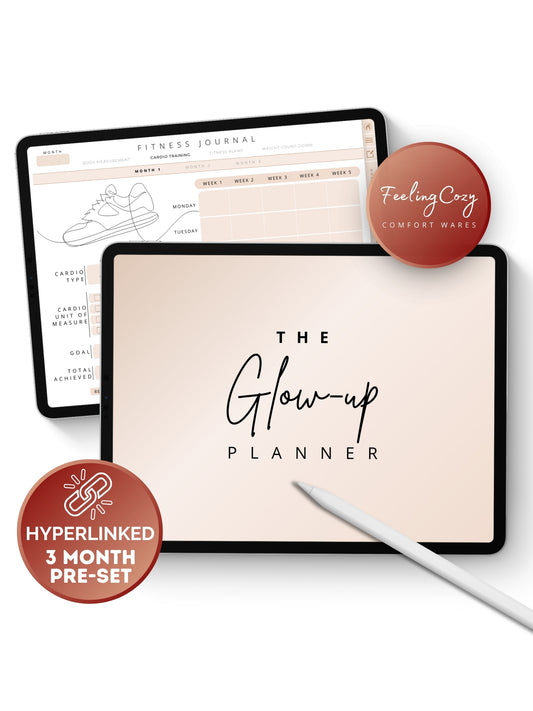 The Glow-Up Planner beige landscape digital wellness cover for iPad — warm neutral aesthetic hyperlinked 3-month program compatible with Goodnotes and Notability by Feeling Cozy