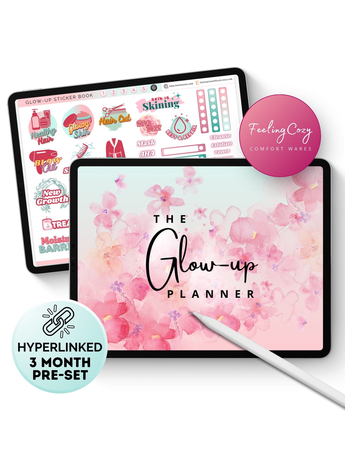 The Glow-Up Planner ombre floral landscape digital wellness cover for iPad — dreamy floral aesthetic hyperlinked 3-month program compatible with Goodnotes and Notability by Feeling Cozy