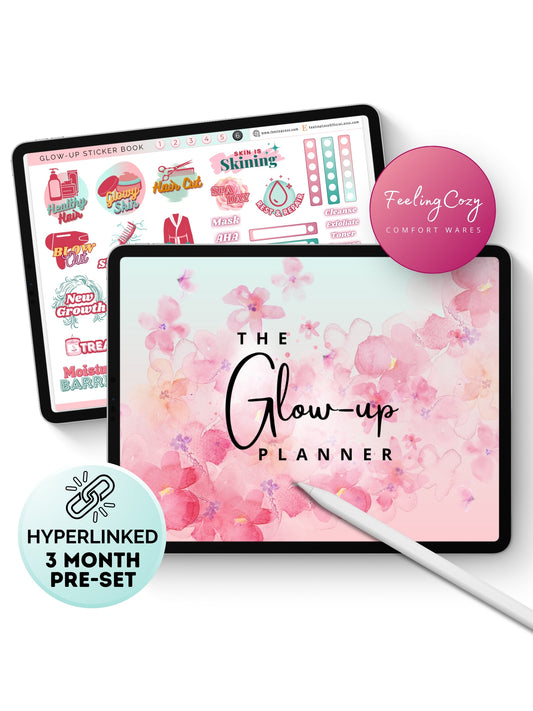 The Glow-Up Planner ombre floral landscape digital wellness cover for iPad — dreamy floral aesthetic hyperlinked 3-month program compatible with Goodnotes and Notability by Feeling Cozy