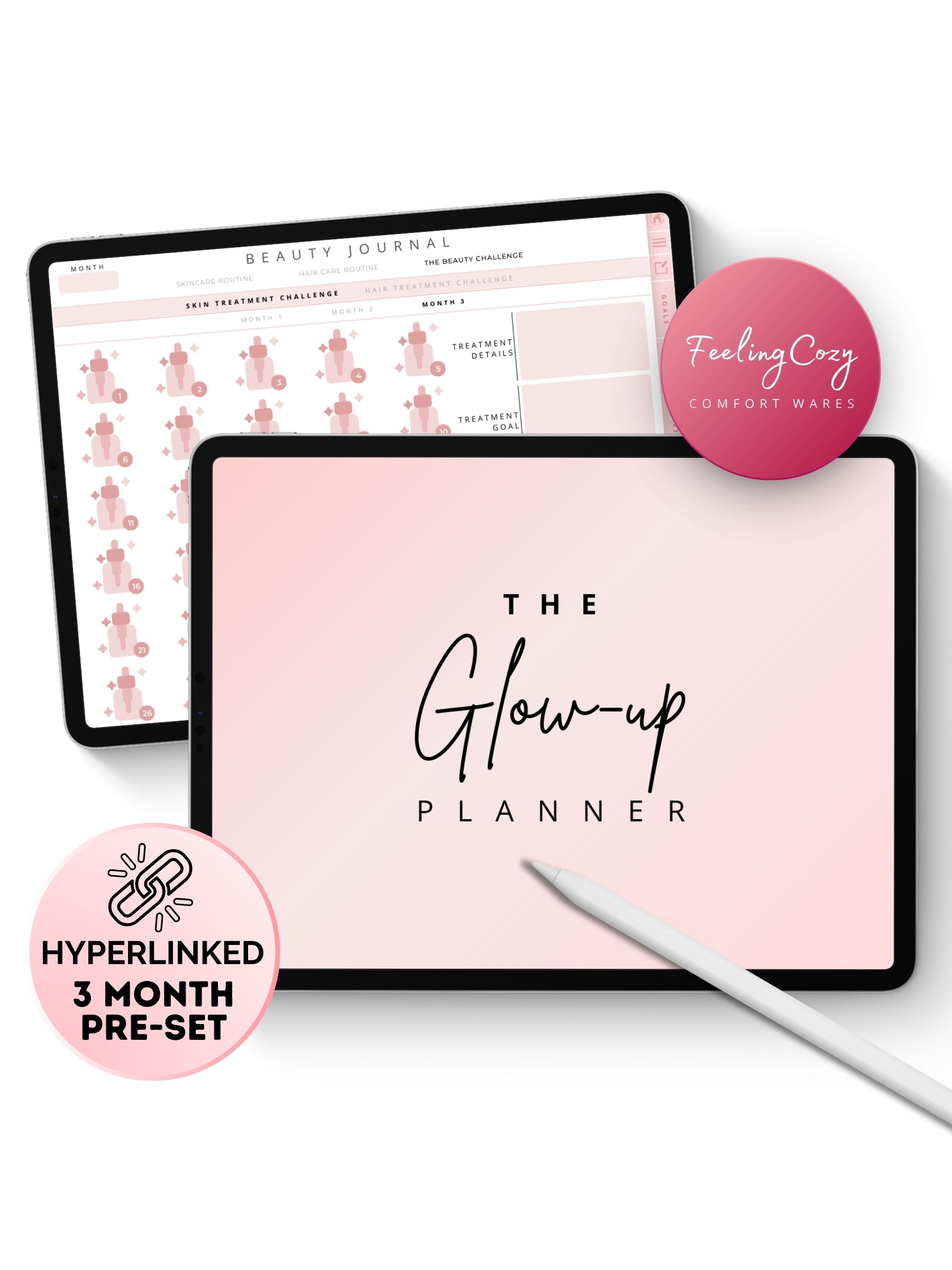 The Glow-Up Planner pink landscape digital wellness cover for iPad — hyperlinked 3-month wellness program compatible with Goodnotes and Notability by Feeling Cozy