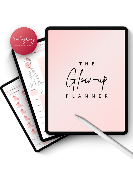 The Glow-Up Planner digital wellness cover for iPad and Samsung — all-in-one fitness, beauty, and mindset planner compatible with Goodnotes and Notability by Feeling Cozy