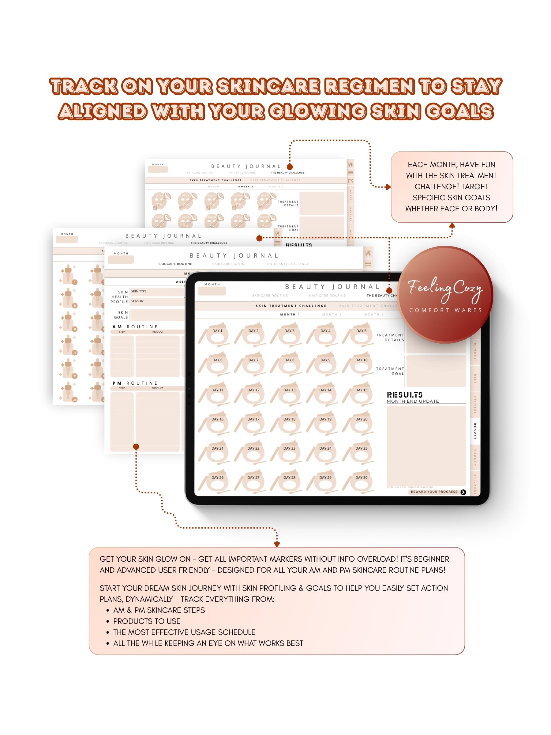 Glow-Up Planner beige landscape beauty journal skincare — AM and PM skincare routine planner, skin health profile, and 30-day skin treatment challenge for iPad in Goodnotes landscape format by Feeling Cozy