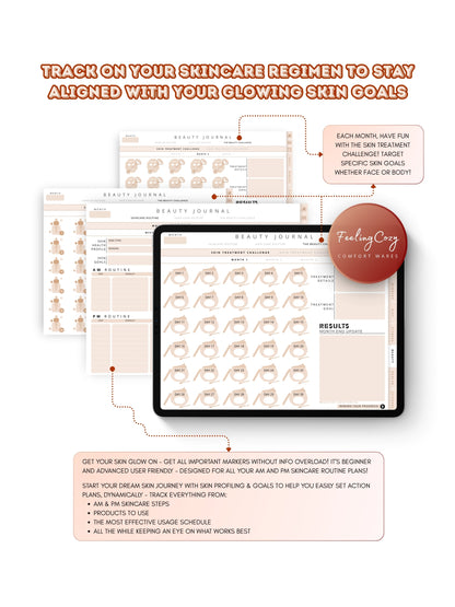 Glow-Up Planner beige landscape beauty journal skincare — AM and PM skincare routine planner, skin health profile, and 30-day skin treatment challenge for iPad in Goodnotes landscape format by Feeling Cozy