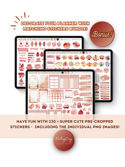 Bonus digital stickers bundle for The Glow-Up Planner beige landscape — 230+ pre-cropped wellness stickers for fitness, beauty, mood, cycle, and skincare in Goodnotes by Feeling Cozy