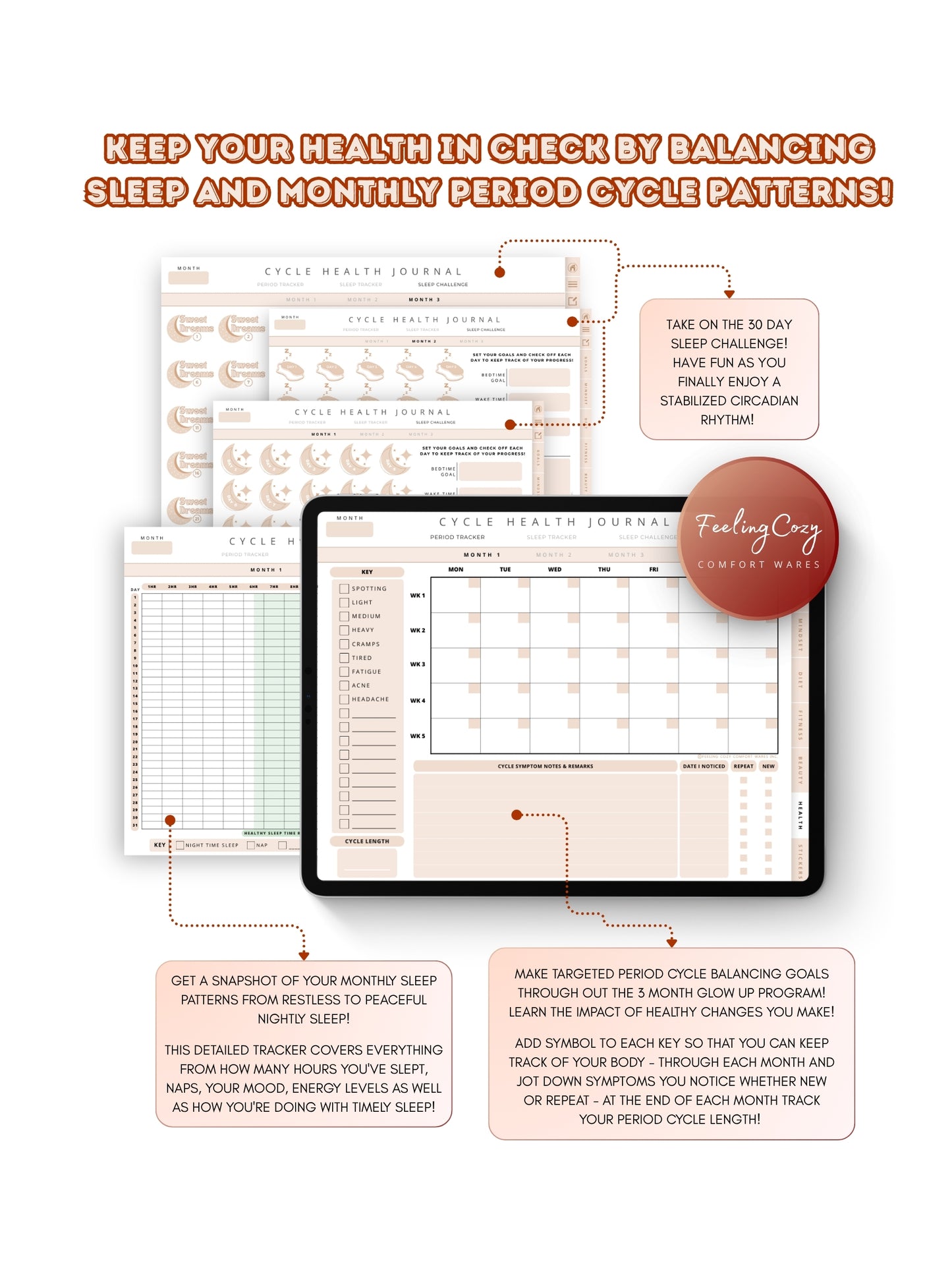 Glow-Up Planner beige landscape cycle health journal — period tracker, 30-day sleep challenge, and hormonal health tracking for iPad in Goodnotes landscape format by Feeling Cozy
