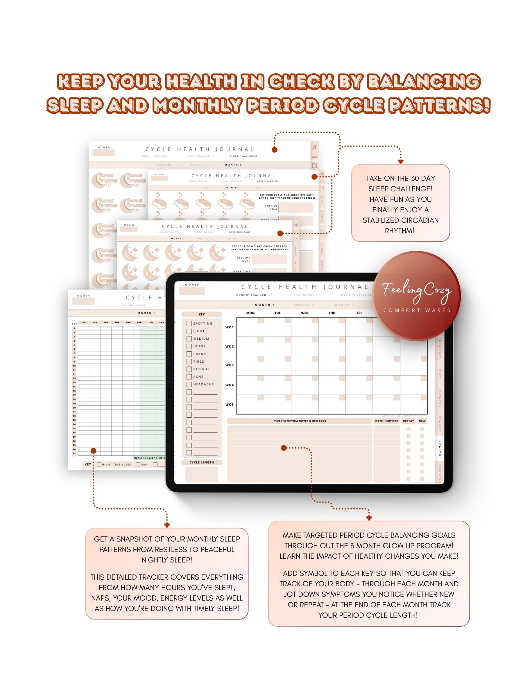 Glow-Up Planner beige landscape cycle health journal — period tracker, 30-day sleep challenge, and hormonal health tracking for iPad in Goodnotes landscape format by Feeling Cozy