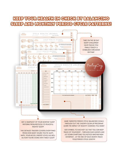 Glow-Up Planner beige landscape cycle health journal — period tracker, 30-day sleep challenge, and hormonal health tracking for iPad in Goodnotes landscape format by Feeling Cozy