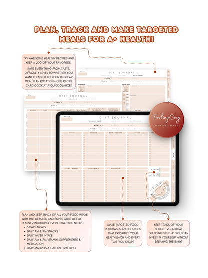 Glow-Up Planner beige landscape diet journal — weekly meal planner, grocery lists, hydration, and macro and calorie tracker for iPad in Goodnotes landscape format by Feeling Cozy