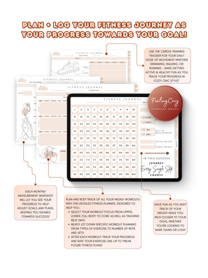 Glow-Up Planner beige landscape fitness journal — weekly workout planner, body measurement tracker, cardio training, and 100-day weight goal countdown for iPad by Feeling Cozy