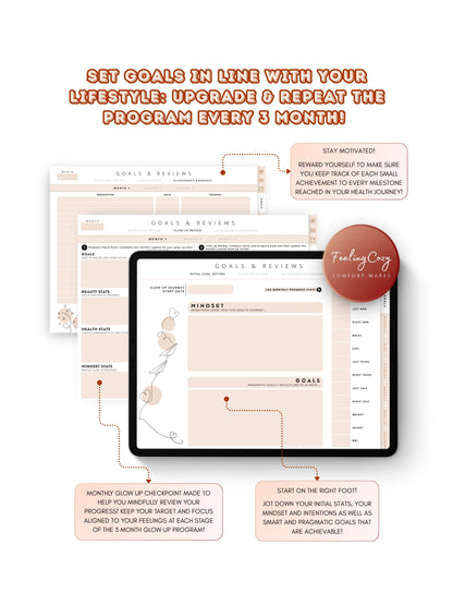Glow-Up Planner beige landscape — 3-month goal setting, monthly glow-up review, and achievement tracker for iPad in Goodnotes wide-screen landscape layout by Feeling Cozy