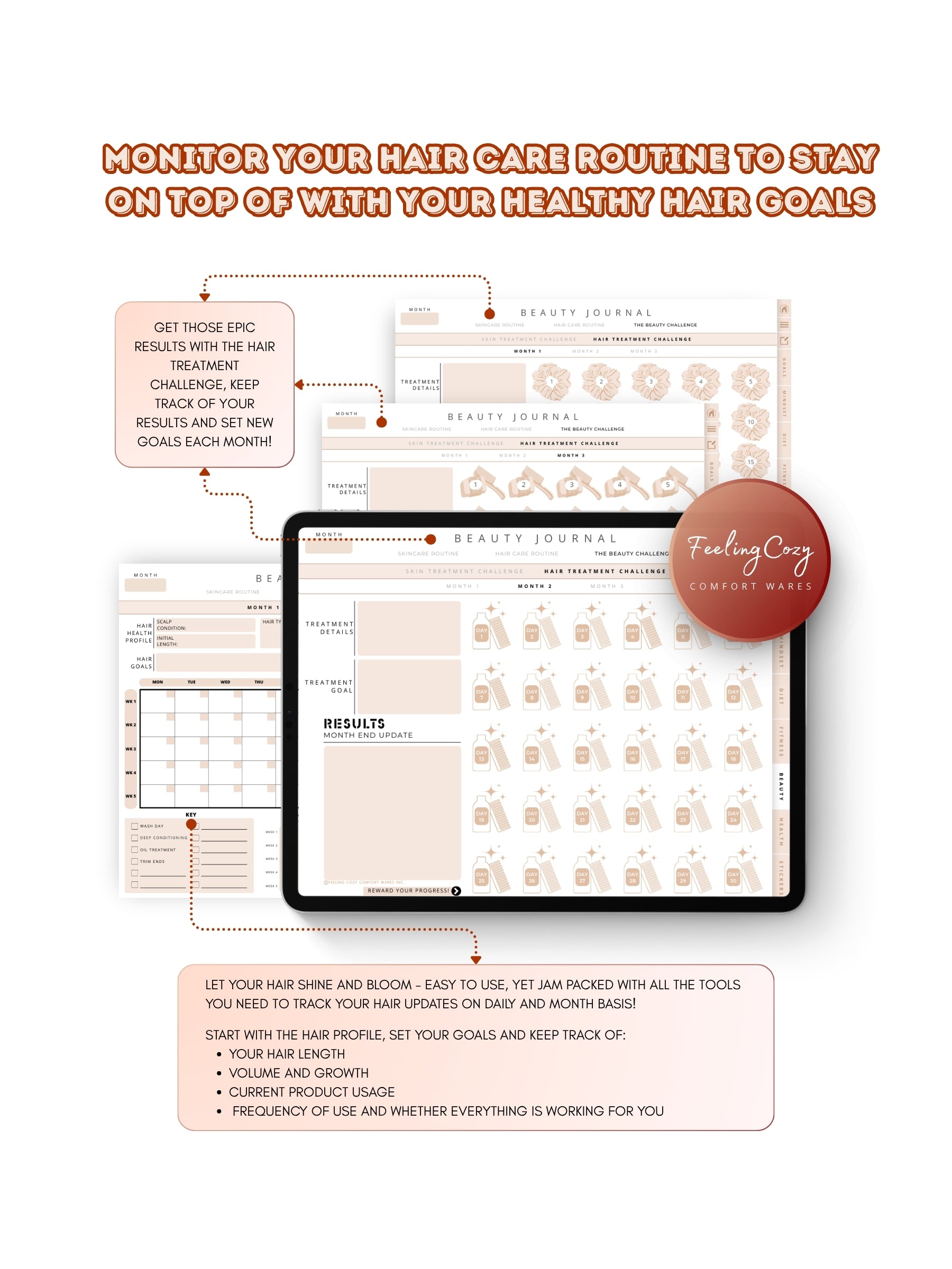 Glow-Up Planner beige landscape beauty journal hair care — hair health profile, growth and length tracking, and monthly hair treatment challenges for iPad by Feeling Cozy