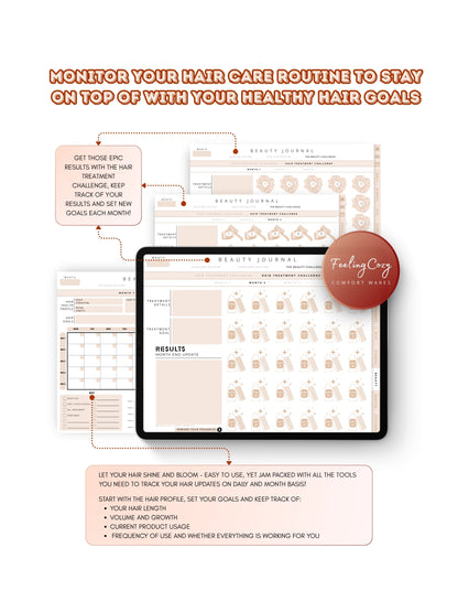 Glow-Up Planner beige landscape beauty journal hair care — hair health profile, growth and length tracking, and monthly hair treatment challenges for iPad by Feeling Cozy