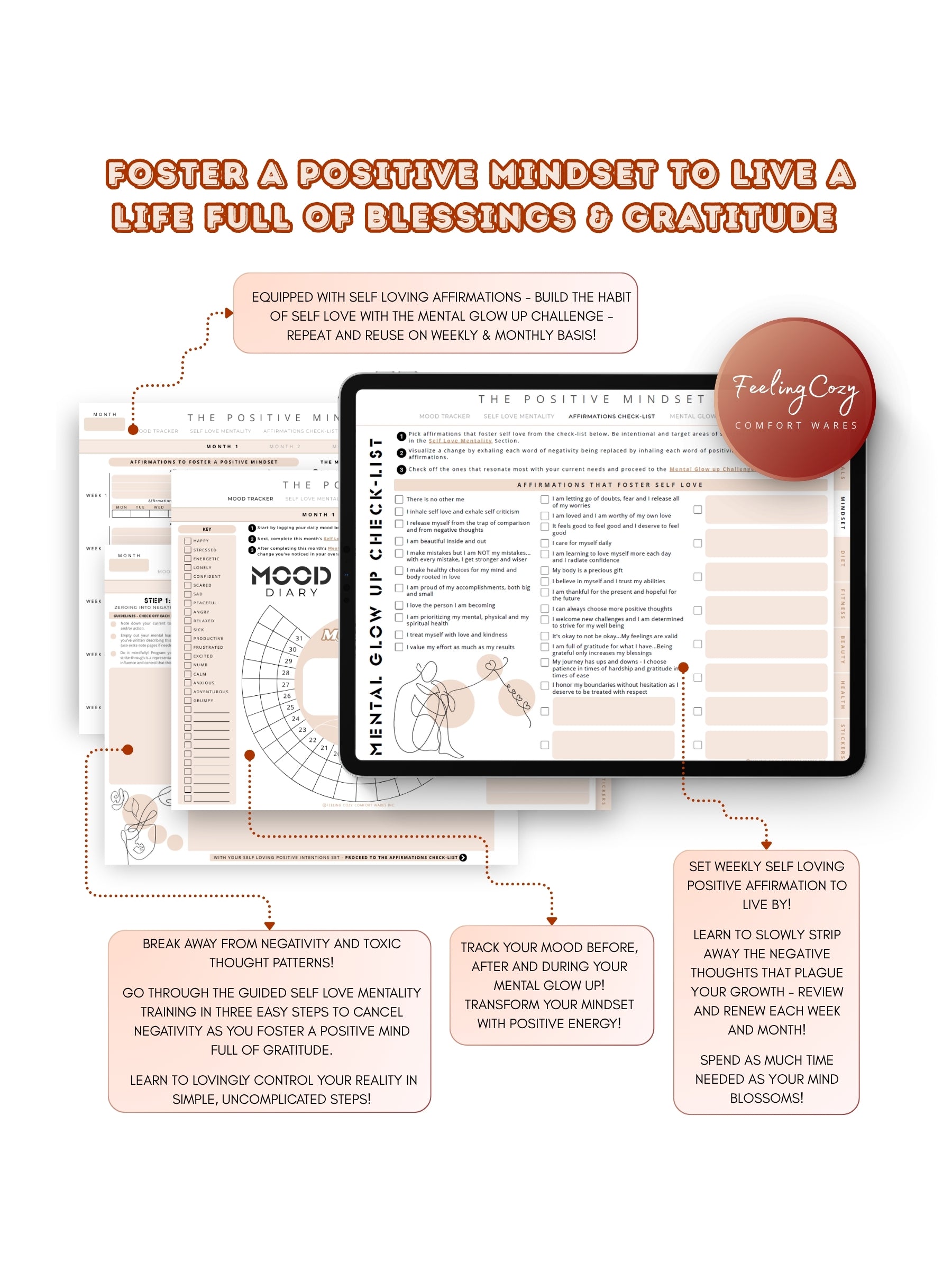 Glow-Up Planner beige landscape positive mindset journal — mental glow-up challenge, self-love affirmations, and mood tracker for iPad in Goodnotes by Feeling Cozy