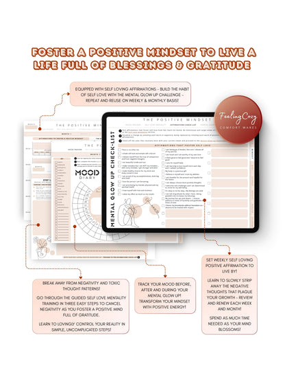 Glow-Up Planner beige landscape positive mindset journal — mental glow-up challenge, self-love affirmations, and mood tracker for iPad in Goodnotes by Feeling Cozy