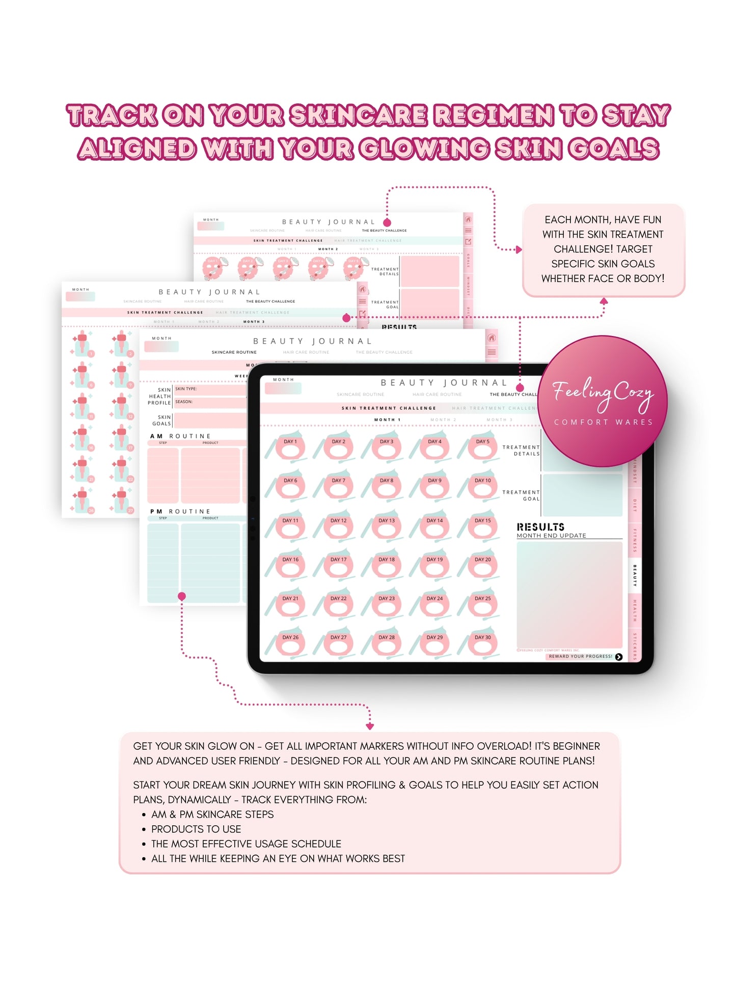 Glow-Up Planner ombre floral landscape beauty journal skincare — AM and PM skincare routine planner, skin health profile, and 30-day skin treatment challenge for iPad in Goodnotes landscape format by Feeling Cozy