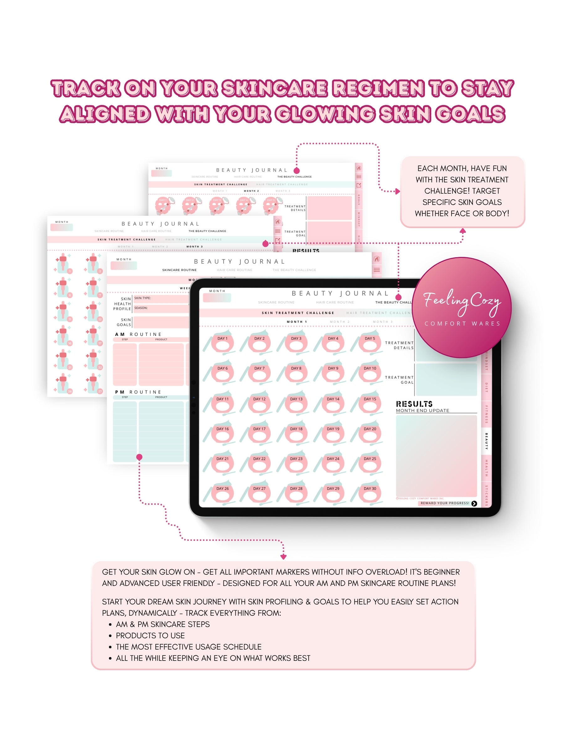 Glow-Up Planner ombre floral landscape beauty journal skincare — AM and PM skincare routine planner, skin health profile, and 30-day skin treatment challenge for iPad in Goodnotes landscape format by Feeling Cozy