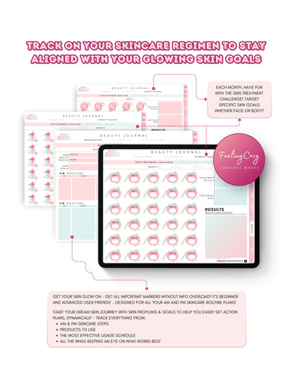 Glow-Up Planner ombre floral landscape beauty journal skincare — AM and PM skincare routine planner, skin health profile, and 30-day skin treatment challenge for iPad in Goodnotes landscape format by Feeling Cozy