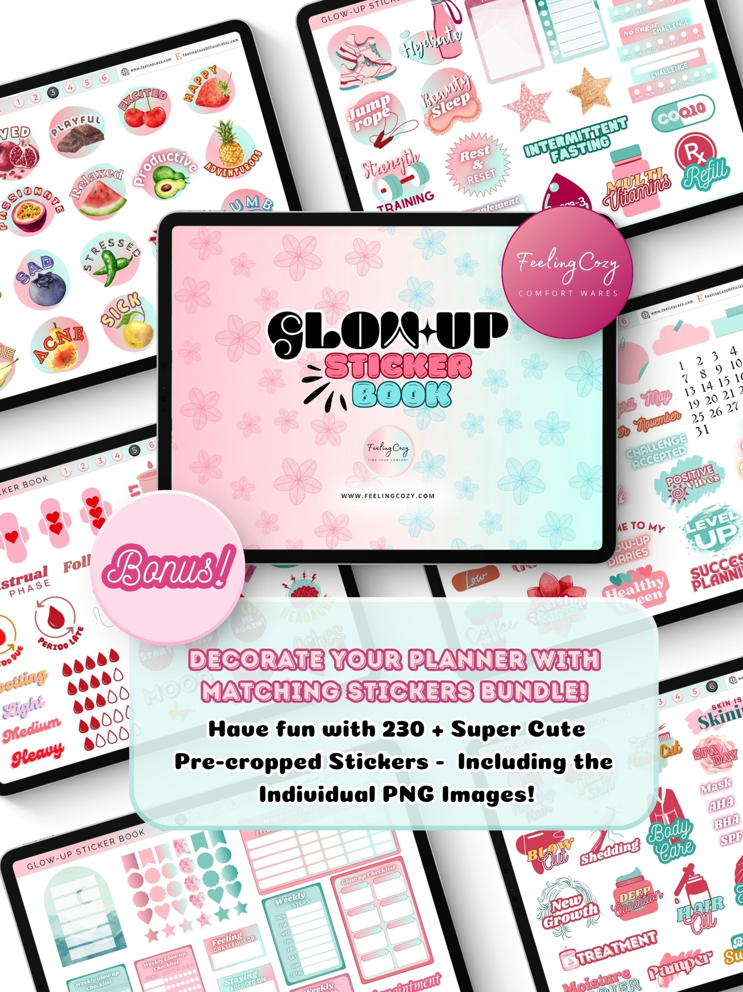 Bonus digital stickers bundle for The Glow-Up Planner ombre floral landscape — 230+ pre-cropped wellness stickers for fitness, beauty, mood, cycle, and skincare in Goodnotes by Feeling Cozy