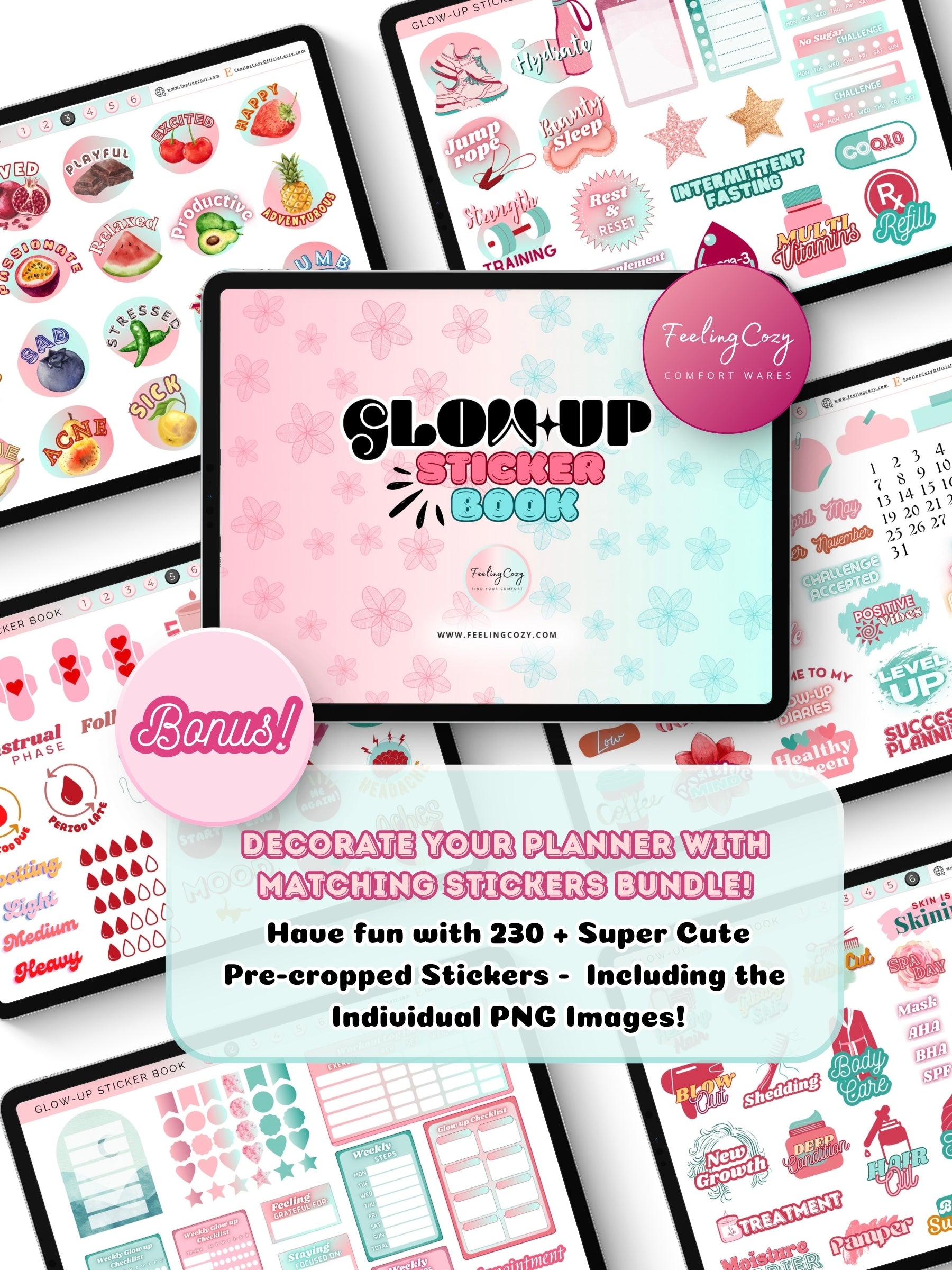 Bonus digital stickers bundle for The Glow-Up Planner ombre floral landscape — 230+ pre-cropped wellness stickers for fitness, beauty, mood, cycle, and skincare in Goodnotes by Feeling Cozy