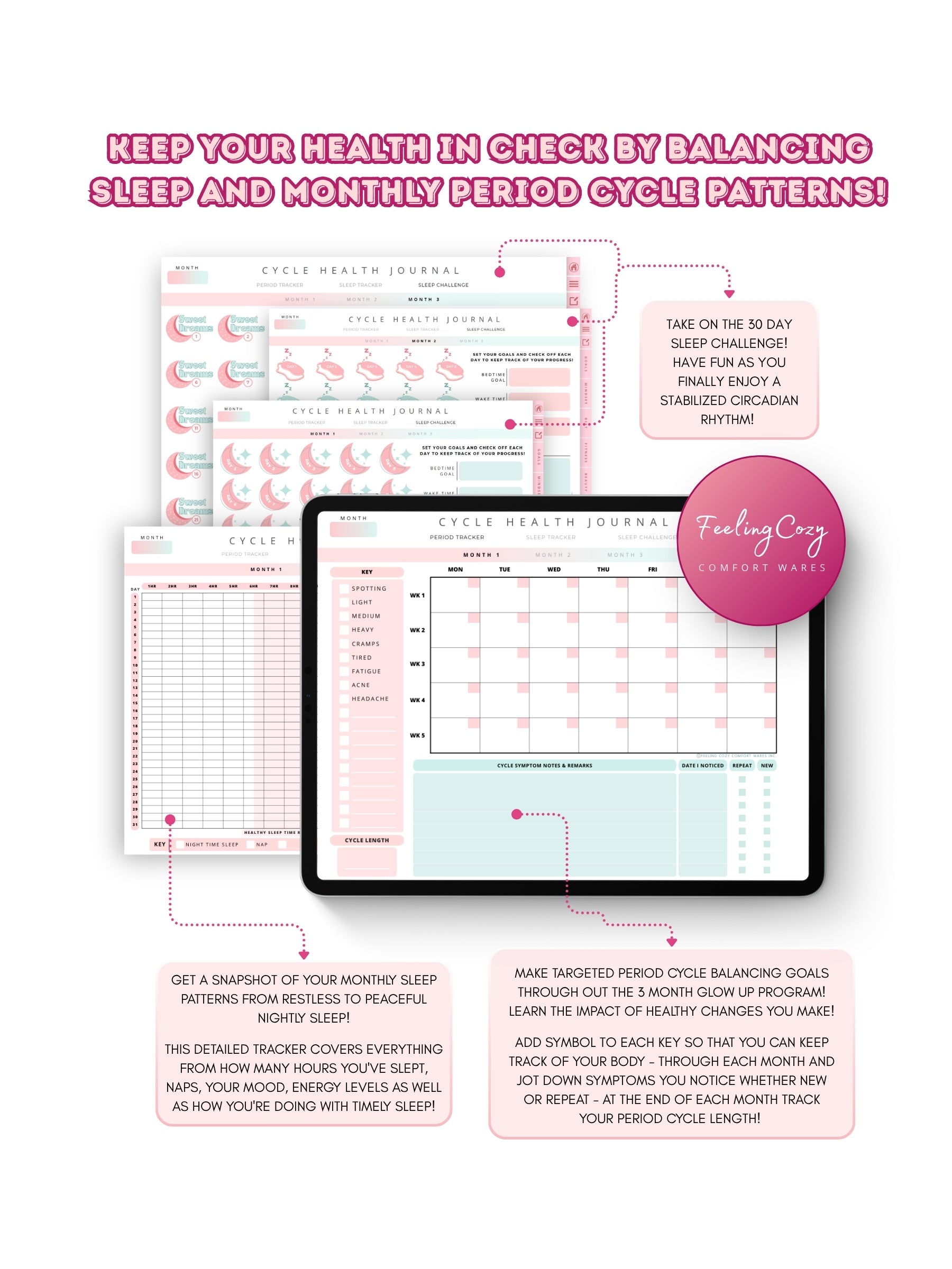 Glow-Up Planner ombre floral landscape cycle health journal — period tracker, 30-day sleep challenge, and hormonal health tracking for iPad in Goodnotes landscape format by Feeling Cozy