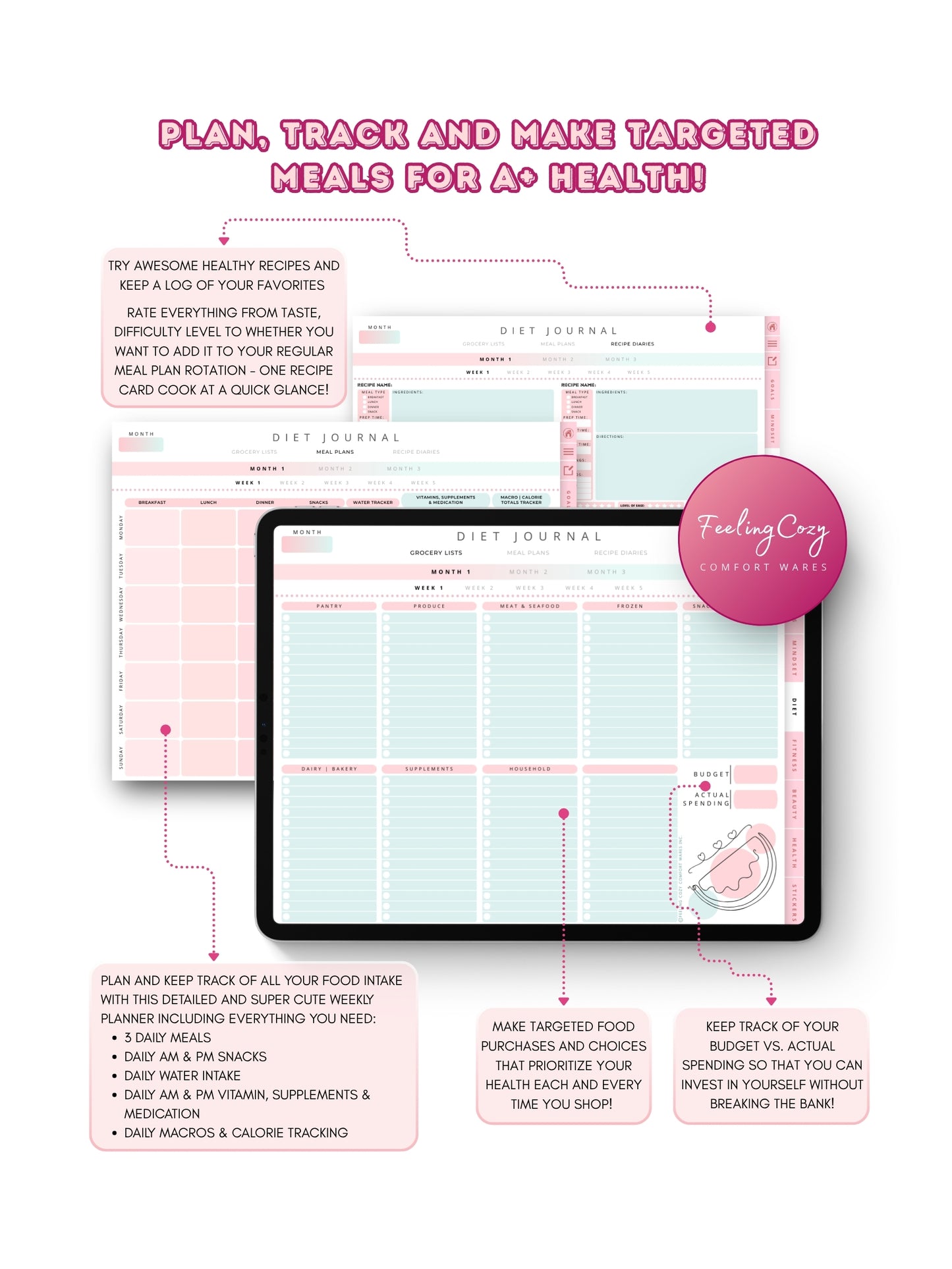 Glow-Up Planner ombre floral landscape diet journal — weekly meal planner, grocery lists, hydration, and macro and calorie tracker for iPad in Goodnotes landscape format by Feeling Cozy