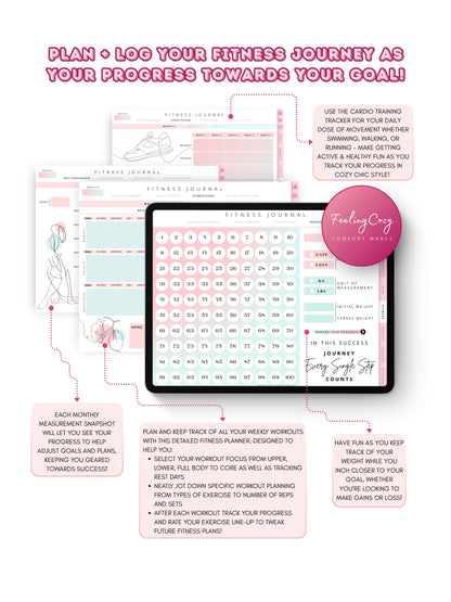 Glow-Up Planner ombre floral landscape fitness journal — weekly workout planner, body measurement tracker, cardio training, and 100-day weight goal countdown for iPad by Feeling Cozy