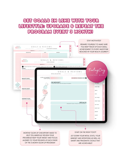 Glow-Up Planner ombre floral landscape — 3-month goal setting, monthly glow-up review, and achievement tracker for iPad in Goodnotes wide-screen landscape layout by Feeling Cozy