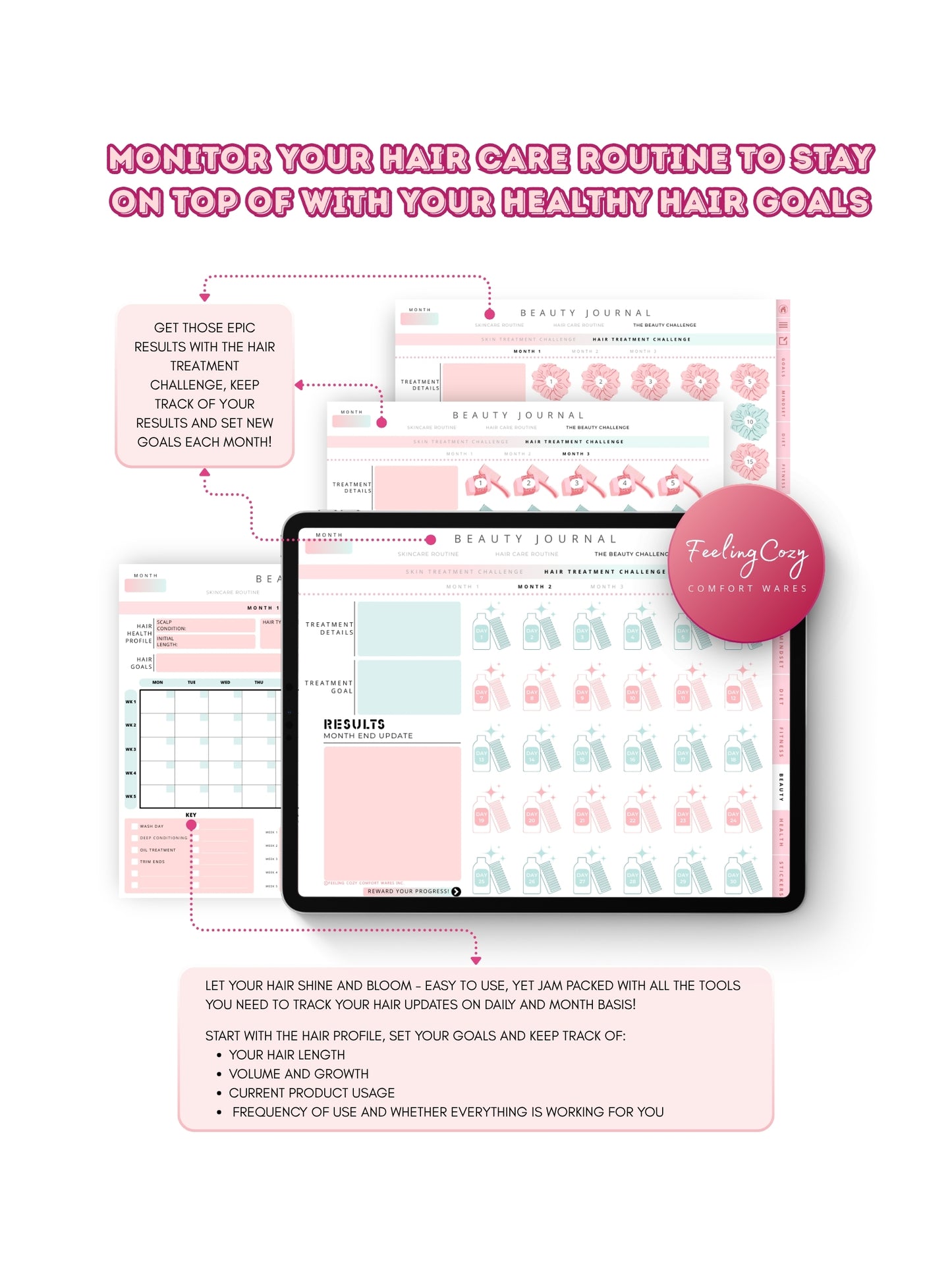 Glow-Up Planner ombre floral landscape beauty journal hair care — hair health profile, growth and length tracking, and monthly hair treatment challenges for iPad by Feeling Cozy
