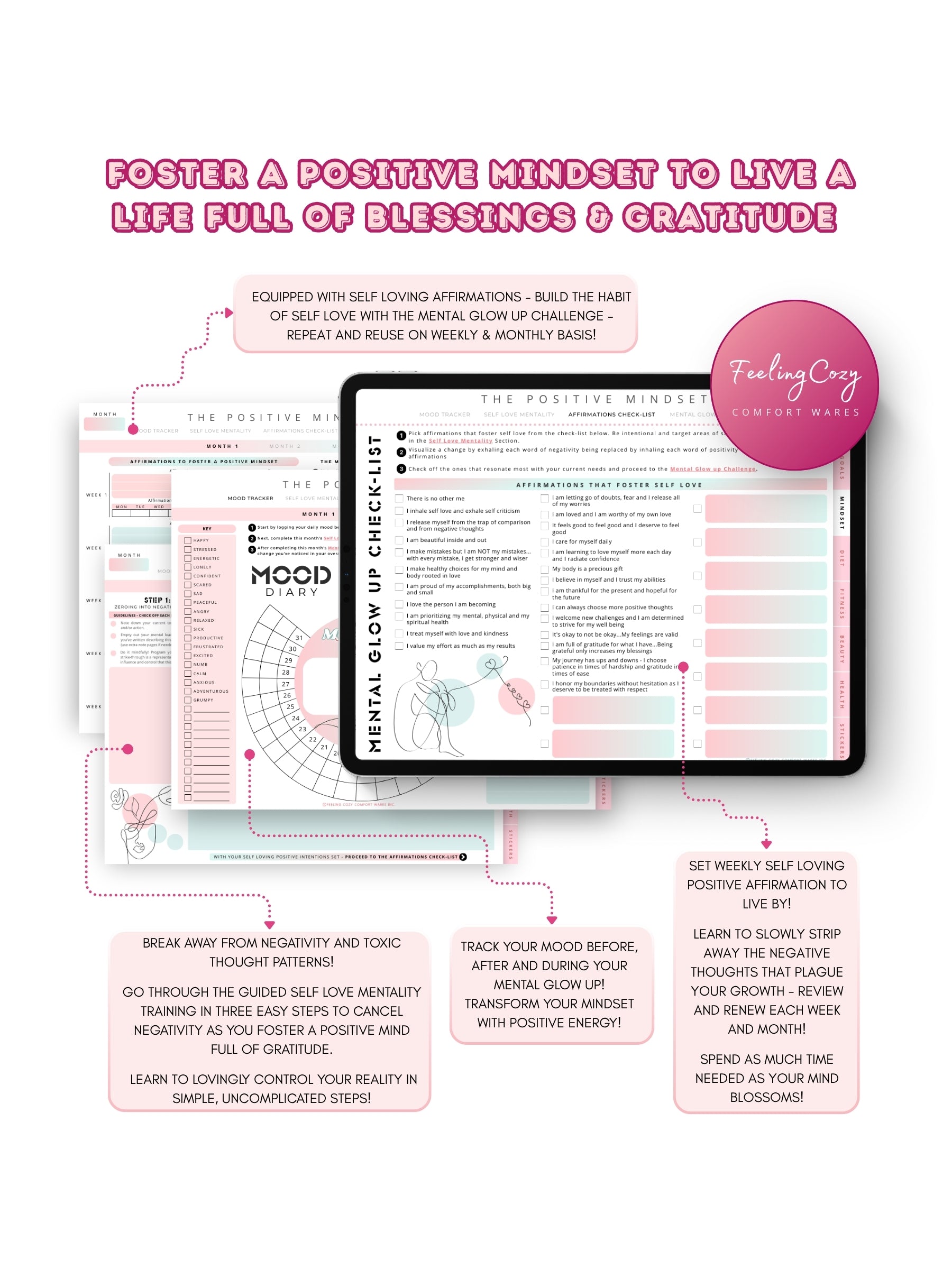 Glow-Up Planner ombre floral landscape positive mindset journal — mental glow-up challenge, self-love affirmations, and mood tracker for iPad in Goodnotes by Feeling Cozy