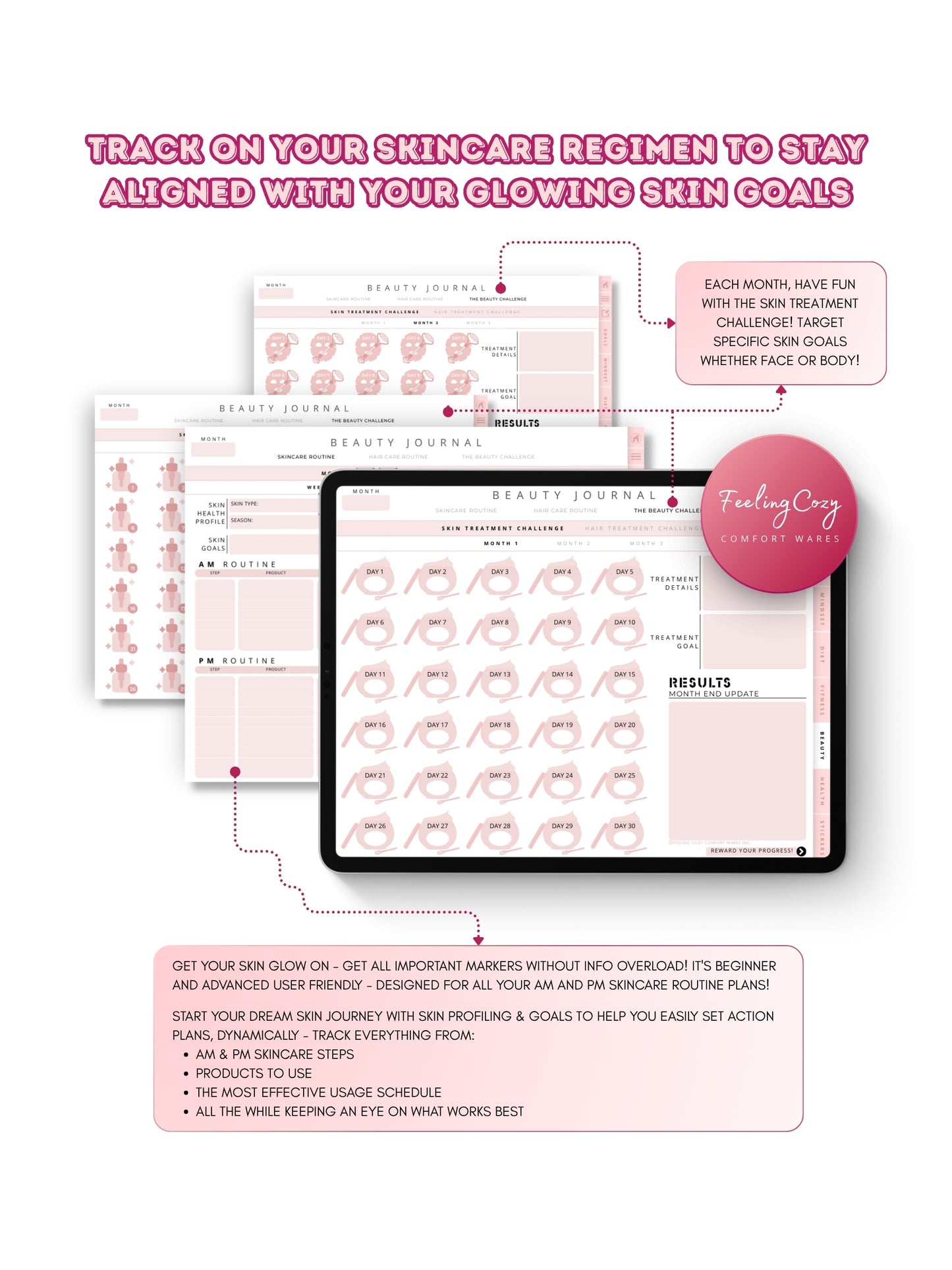 Glow-Up Planner pink landscape beauty journal skincare — AM and PM skincare routine planner, skin health profile, and 30-day skin treatment challenge for iPad in Goodnotes landscape format by Feeling Cozy