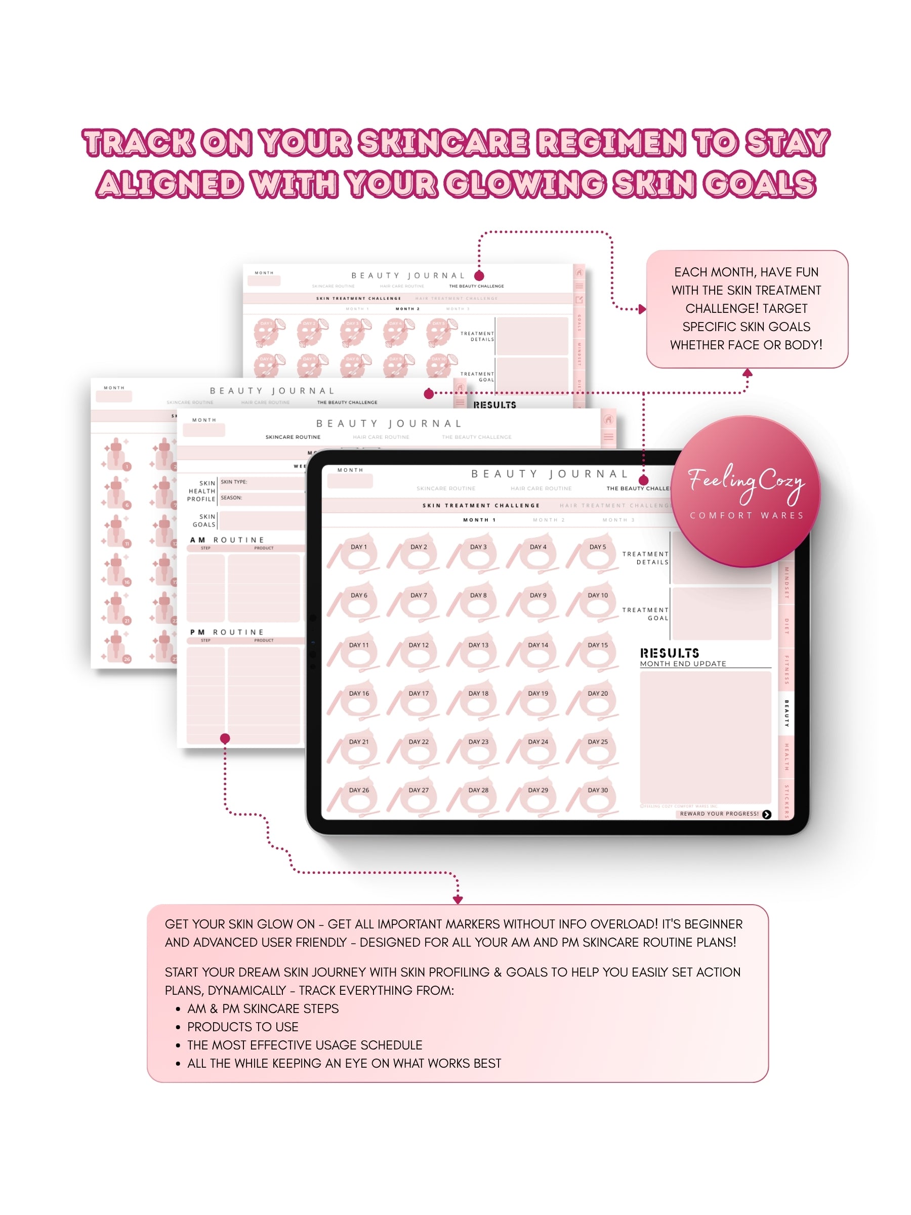 Glow-Up Planner pink landscape beauty journal skincare — AM and PM skincare routine planner, skin health profile, and 30-day skin treatment challenge for iPad in Goodnotes landscape format by Feeling Cozy