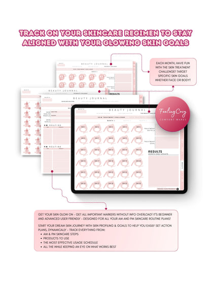 Glow-Up Planner pink landscape beauty journal skincare — AM and PM skincare routine planner, skin health profile, and 30-day skin treatment challenge for iPad in Goodnotes landscape format by Feeling Cozy
