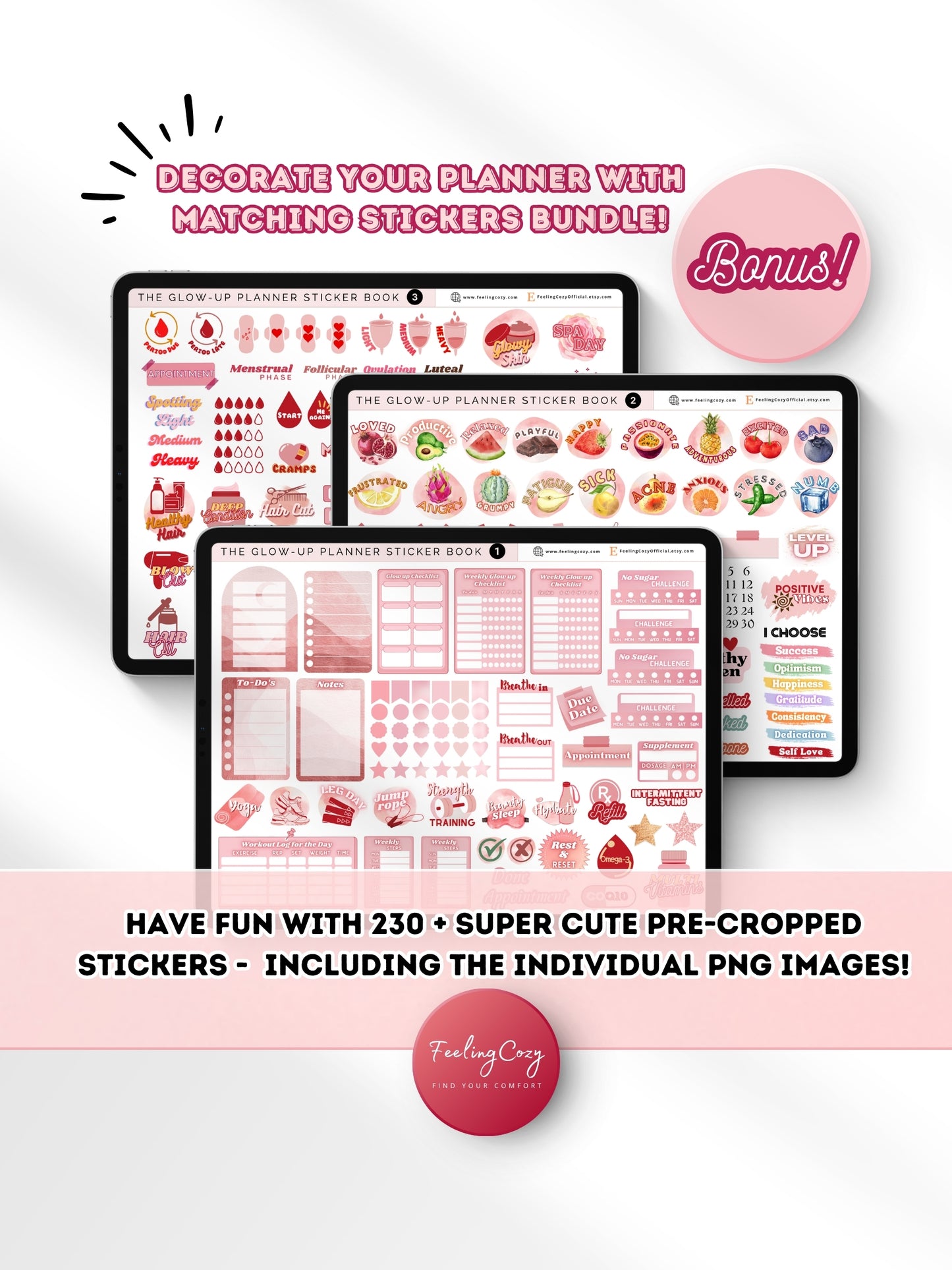 Bonus digital stickers bundle for The Glow-Up Planner pink landscape — 230+ pre-cropped wellness stickers for fitness, beauty, mood, cycle, and skincare in Goodnotes by Feeling Cozy