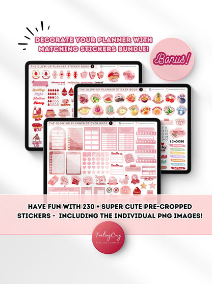 Bonus digital stickers bundle for The Glow-Up Planner pink landscape — 230+ pre-cropped wellness stickers for fitness, beauty, mood, cycle, and skincare in Goodnotes by Feeling Cozy
