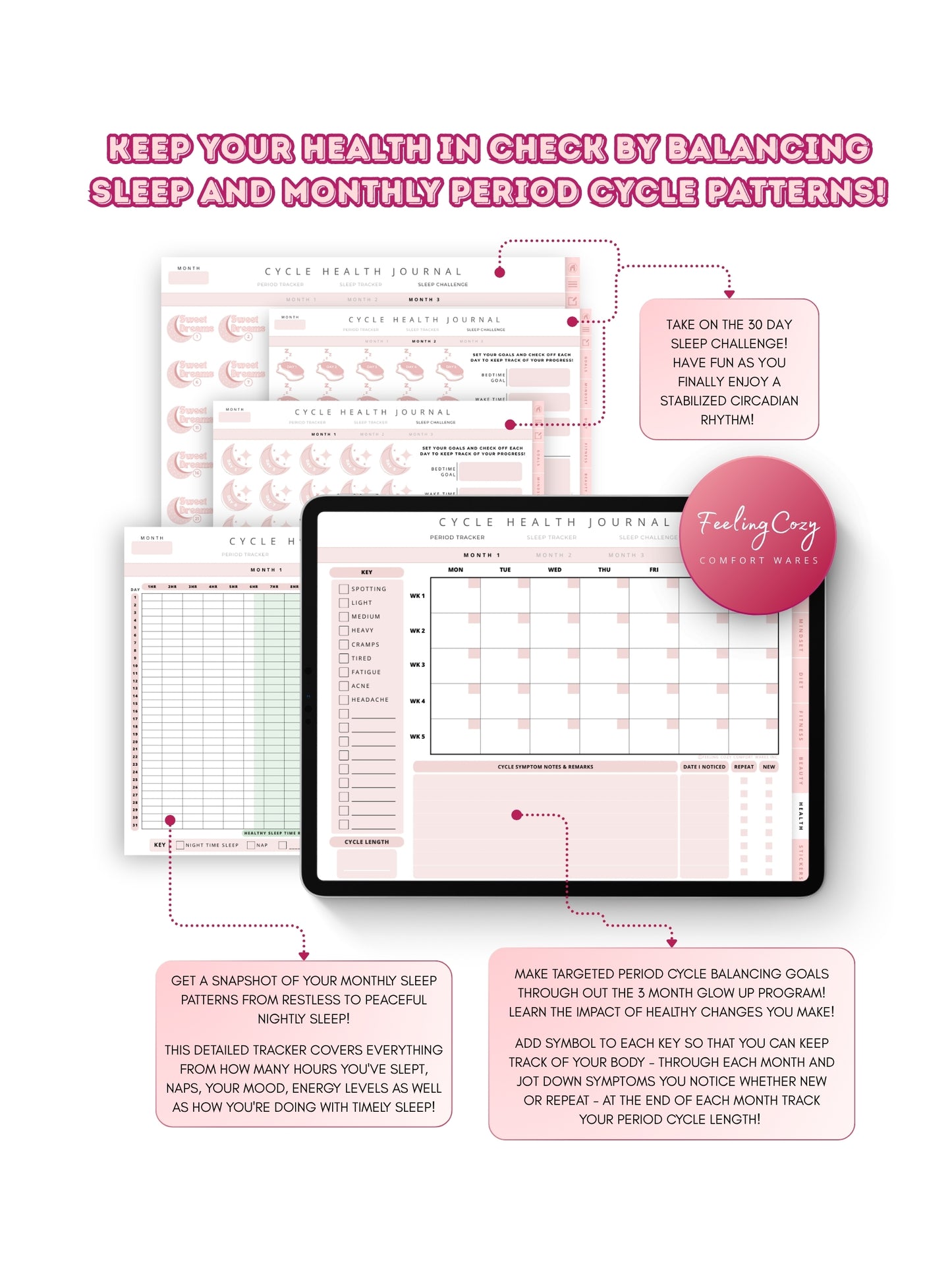 Glow-Up Planner pink landscape cycle health journal — period tracker, 30-day sleep challenge, and hormonal health tracking for iPad in Goodnotes landscape format by Feeling Cozy