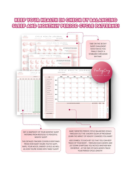Glow-Up Planner pink landscape cycle health journal — period tracker, 30-day sleep challenge, and hormonal health tracking for iPad in Goodnotes landscape format by Feeling Cozy
