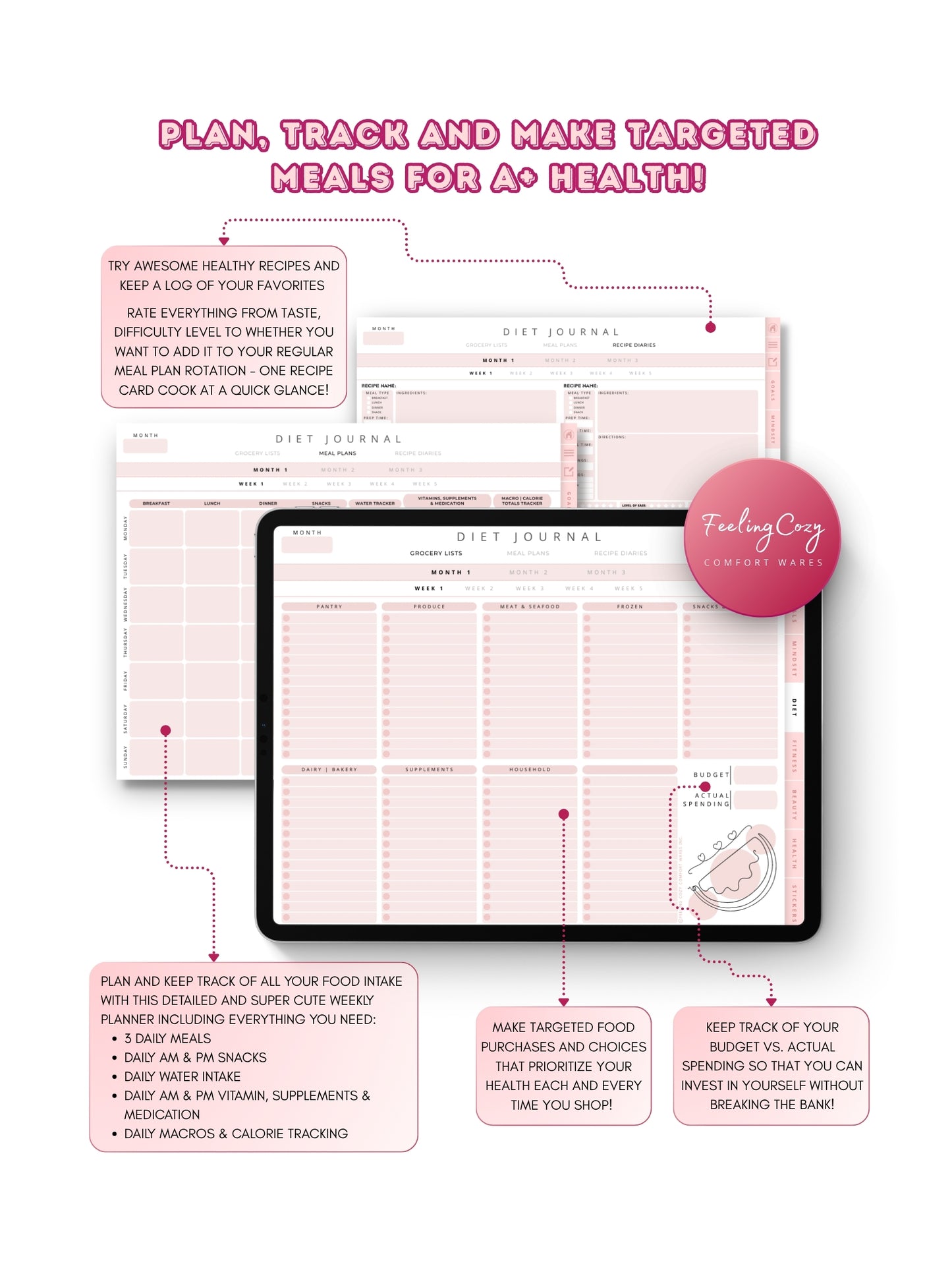 Glow-Up Planner pink landscape diet journal — weekly meal planner, grocery lists, hydration, and macro and calorie tracker for iPad in Goodnotes landscape format by Feeling Cozy