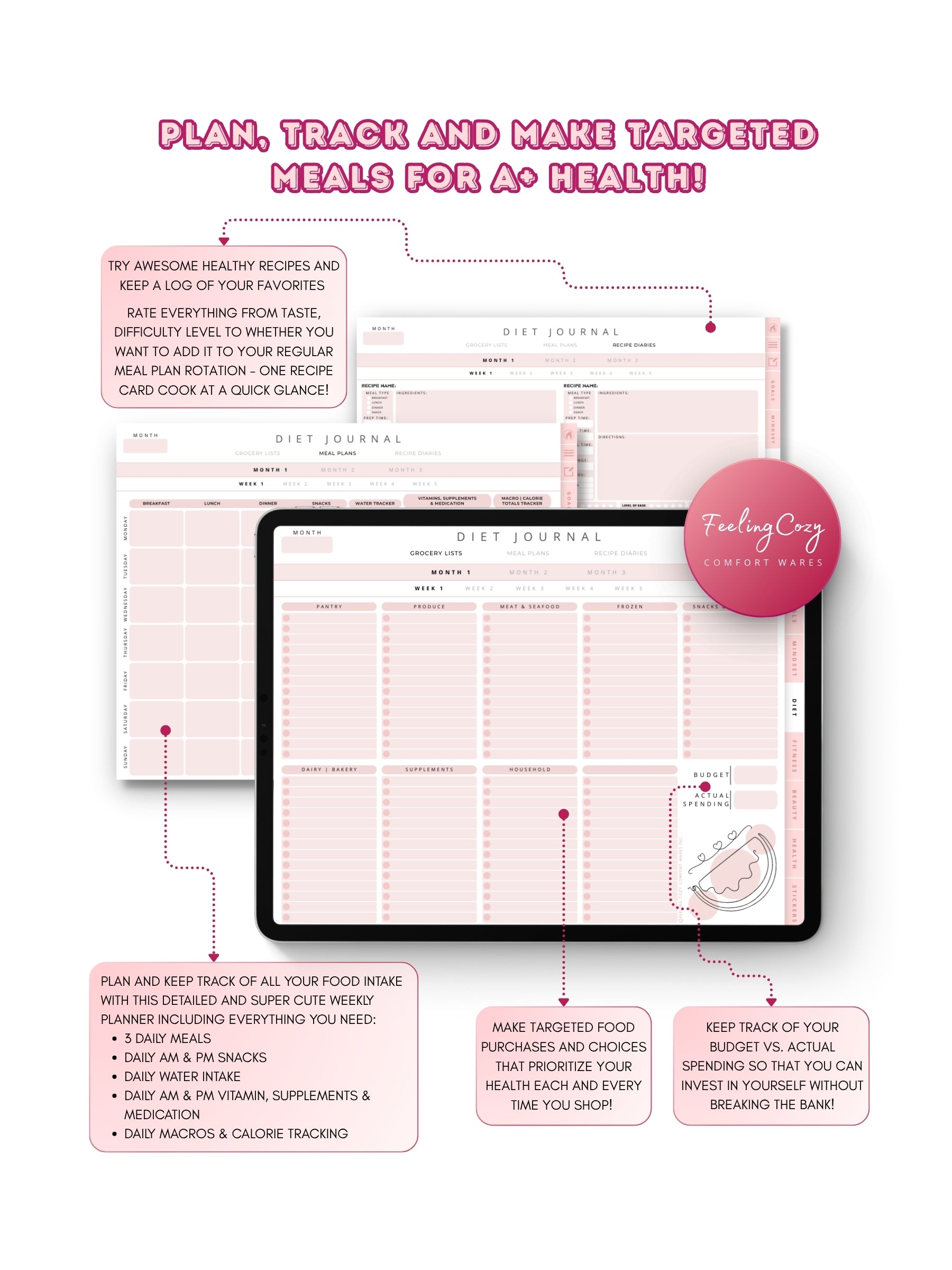 Glow-Up Planner pink landscape diet journal — weekly meal planner, grocery lists, hydration, and macro and calorie tracker for iPad in Goodnotes landscape format by Feeling Cozy