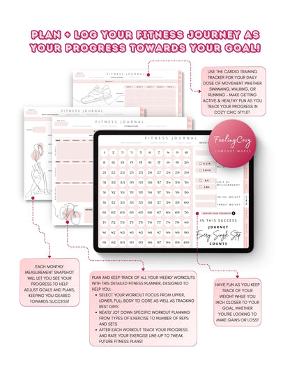 Glow-Up Planner pink landscape fitness journal — weekly workout planner, body measurement tracker, cardio training, and 100-day weight goal countdown for iPad by Feeling Cozy