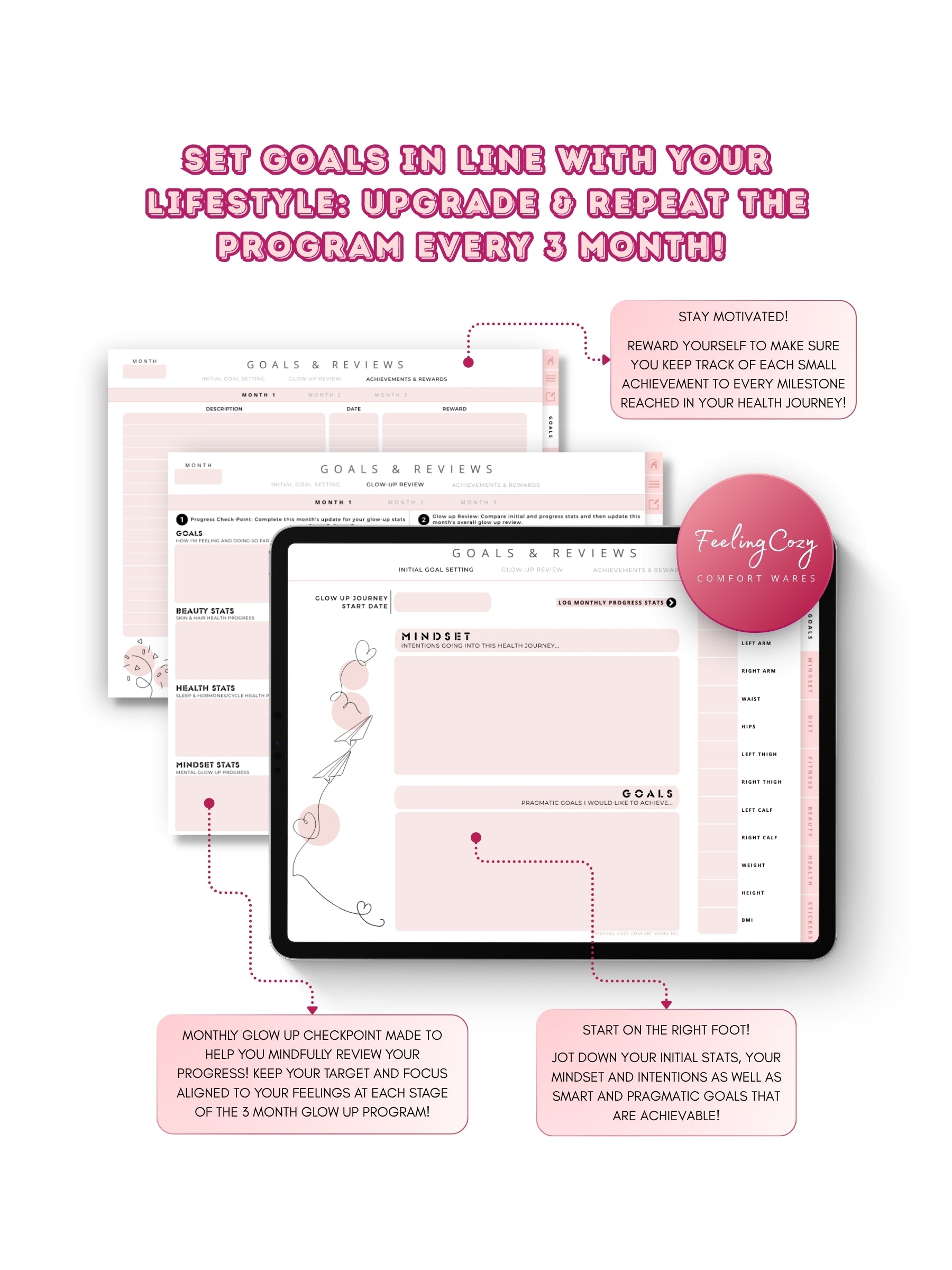 Glow-Up Planner pink landscape — 3-month goal setting, monthly glow-up review, and achievement tracker for iPad in Goodnotes wide-screen landscape layout by Feeling Cozy
