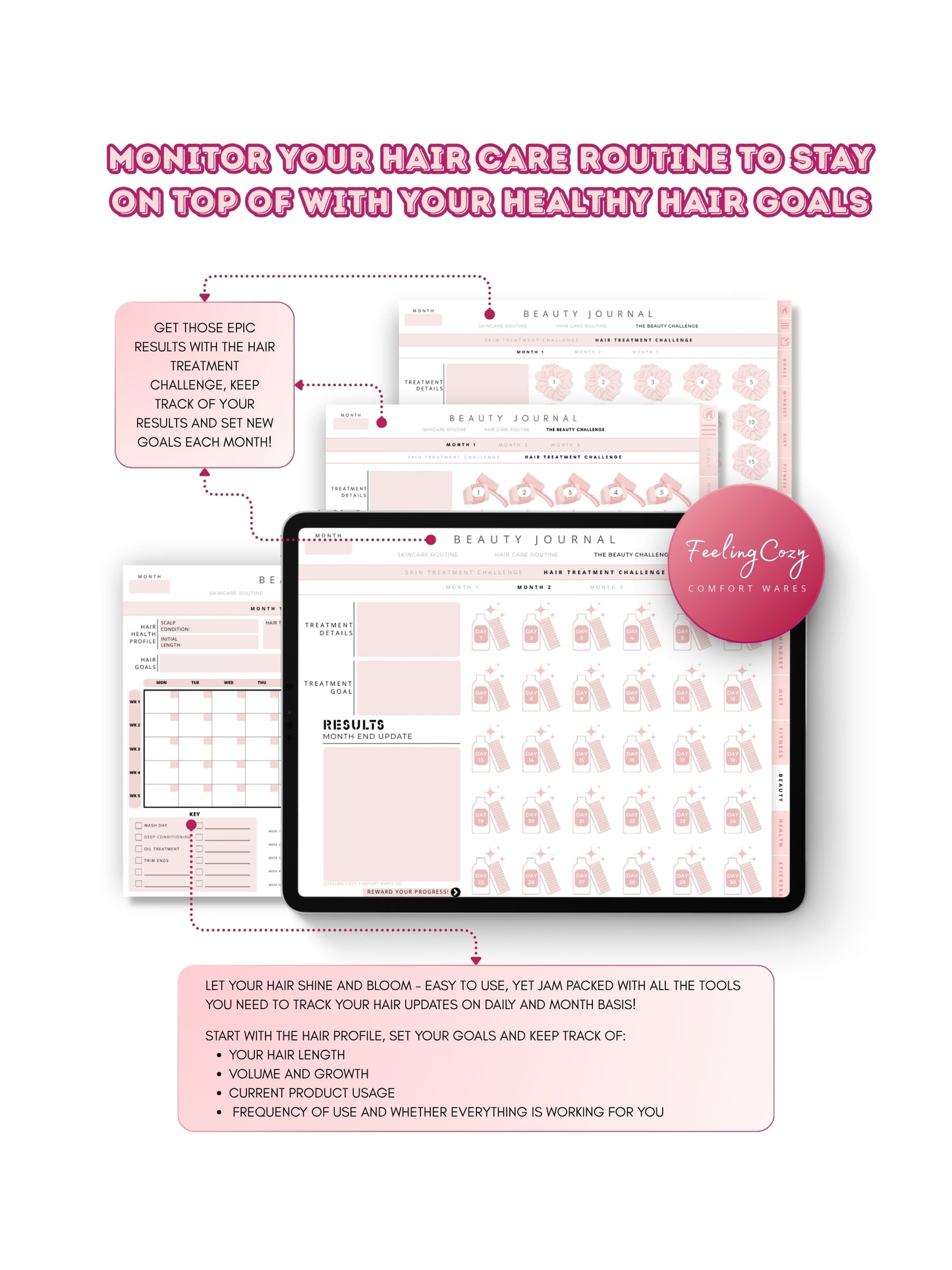 Glow-Up Planner pink landscape beauty journal hair care — hair health profile, growth and length tracking, and monthly hair treatment challenges for iPad in Goodnotes by Feeling Cozy