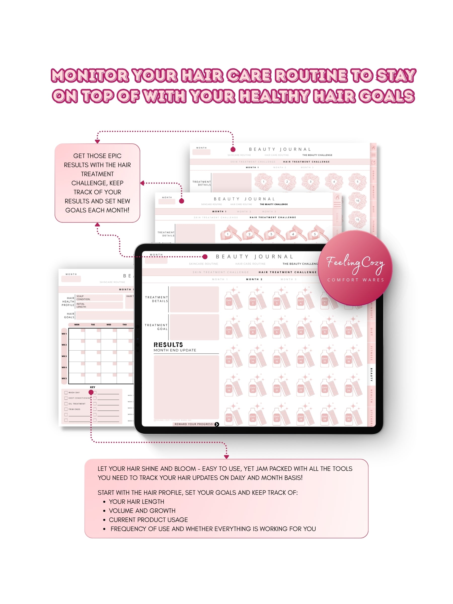 Glow-Up Planner pink landscape beauty journal hair care — hair health profile, growth and length tracking, and monthly hair treatment challenges for iPad in Goodnotes by Feeling Cozy