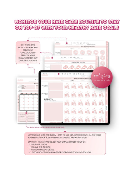 Glow-Up Planner pink landscape beauty journal hair care — hair health profile, growth and length tracking, and monthly hair treatment challenges for iPad in Goodnotes by Feeling Cozy