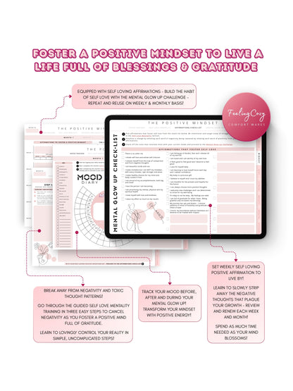 Glow-Up Planner pink landscape positive mindset journal — mental glow-up challenge, self-love affirmations checklist, and mood tracker for iPad in Goodnotes by Feeling Cozy