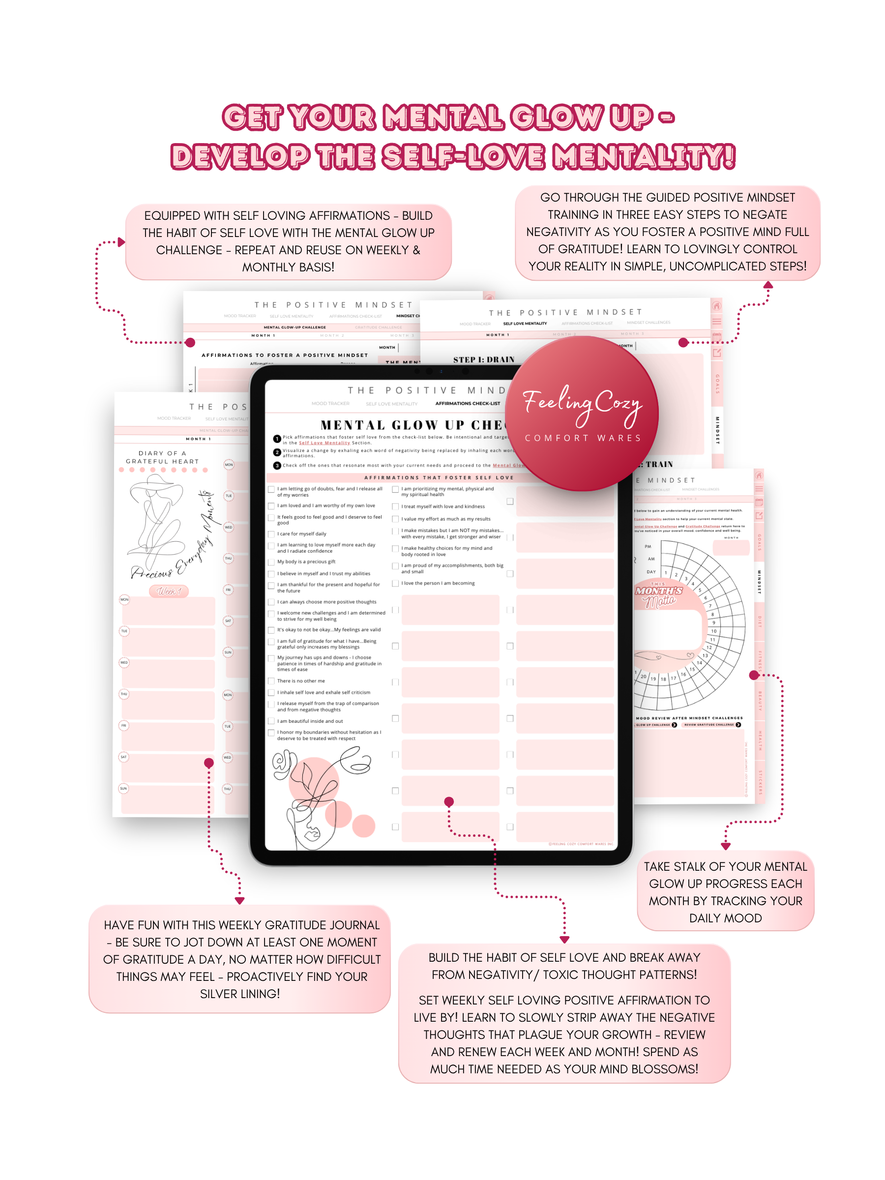 Glow-Up Planner positive mindset journal — mood tracker, self-love affirmations checklist, and gratitude journal for iPad, compatible with Goodnotes by Feeling Cozy