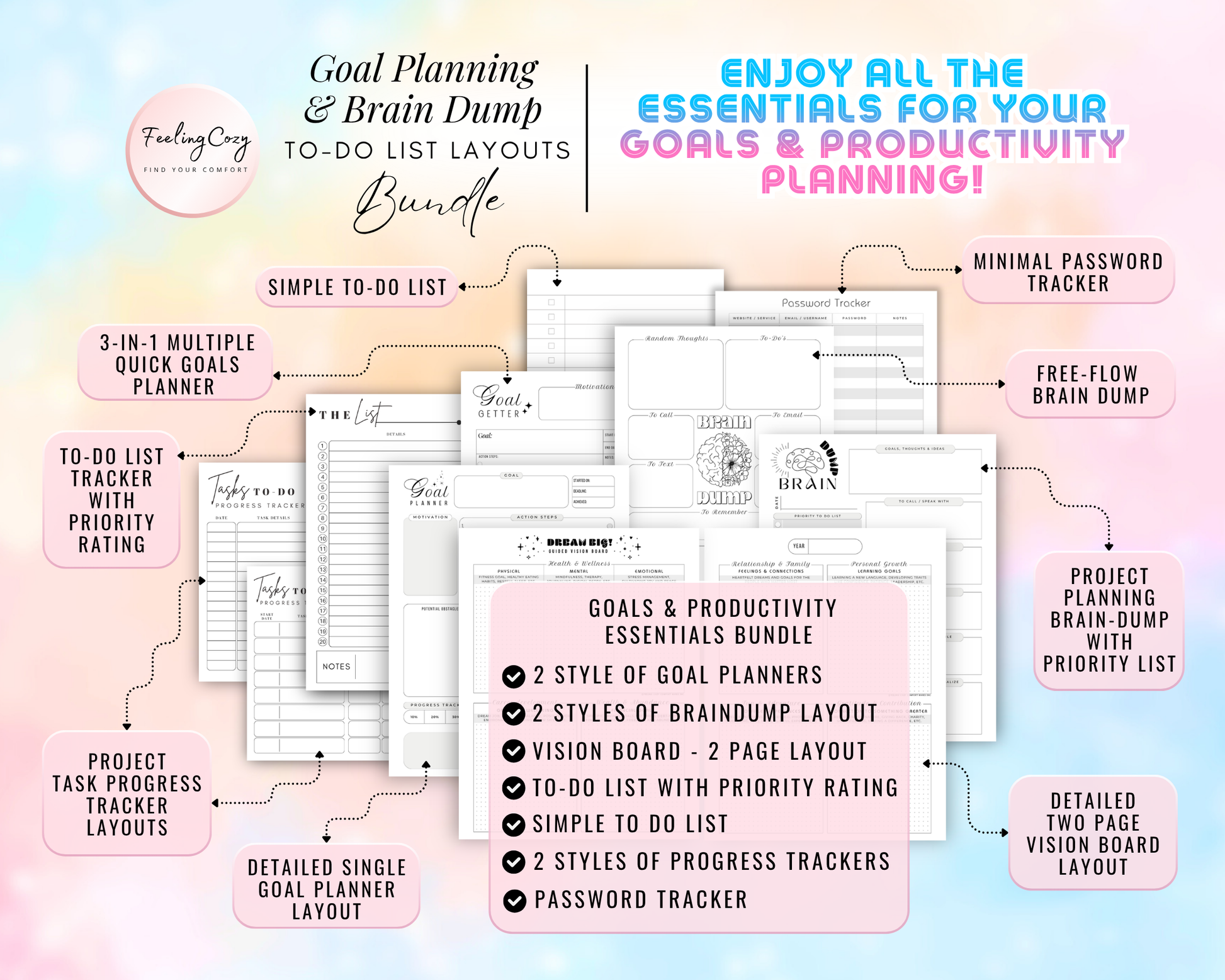Goal planning and brain dump to-do list layout bundle for Happy Planners. Features a detailed two-page vision board, 3-in-1 multiple quick goals planner, project task progress trackers, password trackers, and free-flow brain dump layouts in minimalist black and white.