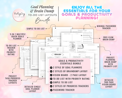 Goal planning and brain dump to-do list layout bundle for Happy Planners. Features a detailed two-page vision board, 3-in-1 multiple quick goals planner, project task progress trackers, password trackers, and free-flow brain dump layouts in minimalist black and white.
