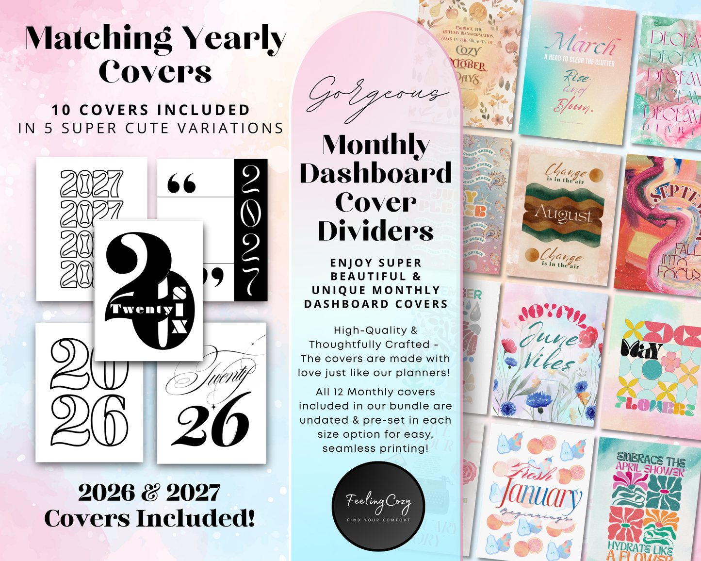 Matching yearly covers and monthly dashboard cover dividers for Happy Planner templates. Includes 10 printable cover variations for 2026 and 2027 with unique floral and aesthetic monthly designs for Classic and Big Happy Planner sizes.